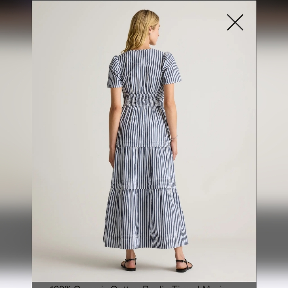 Quince 100% Organic Cotton Navy Striped Tiered Maxi Dress, P2P 18" - Picture 5 of 7